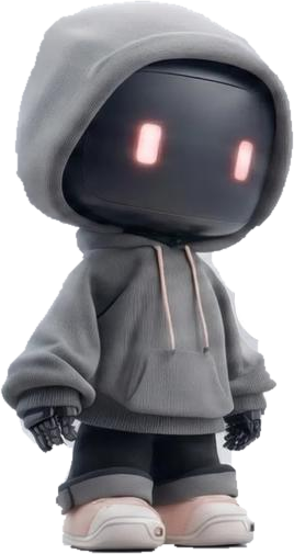 Viranetra hooded robot mascot with glowing red eyes